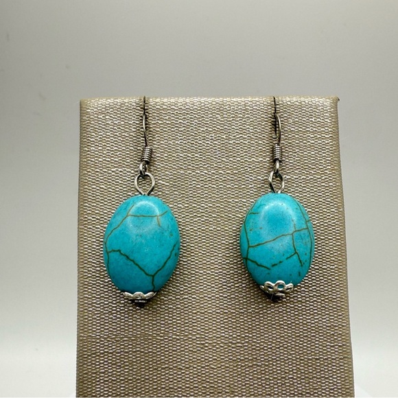 Turquoise Oval Stone Dangle Earrings – Boho Southwestern Style - Picture 3 of 3